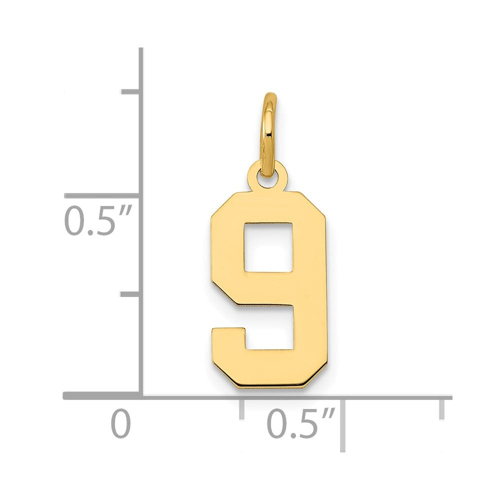 Alternate view of the 14k Yellow Gold, Athletic Collection, Small Polished Number 9 Pendant by The Black Bow Jewelry Co.