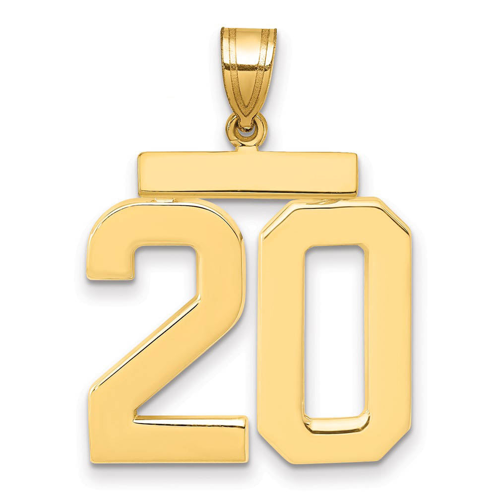 14k Yellow Gold, Athletic Collection, Large Polished Number 20 Pendant, Item P10399-20 by The Black Bow Jewelry Co.