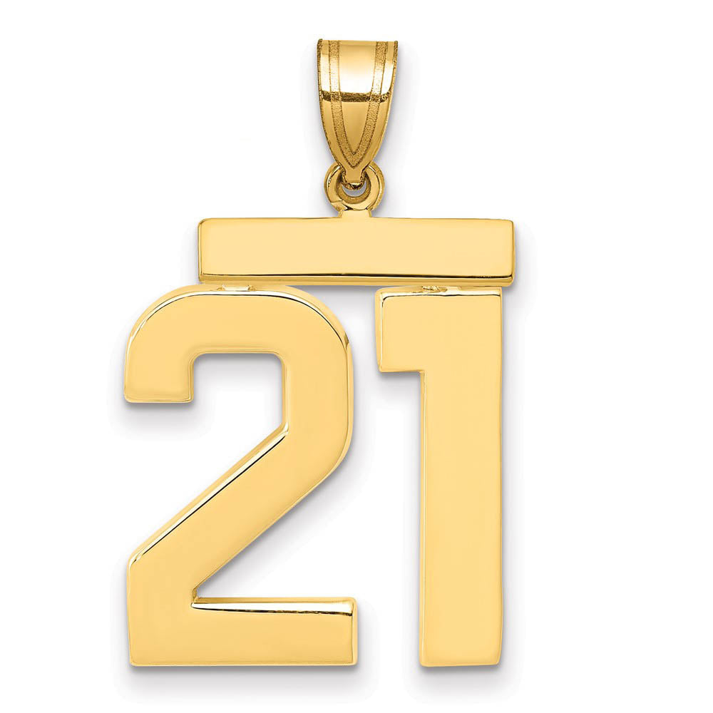 14k Yellow Gold, Athletic Collection, Large Polished Number 21 Pendant, Item P10399-21 by The Black Bow Jewelry Co.