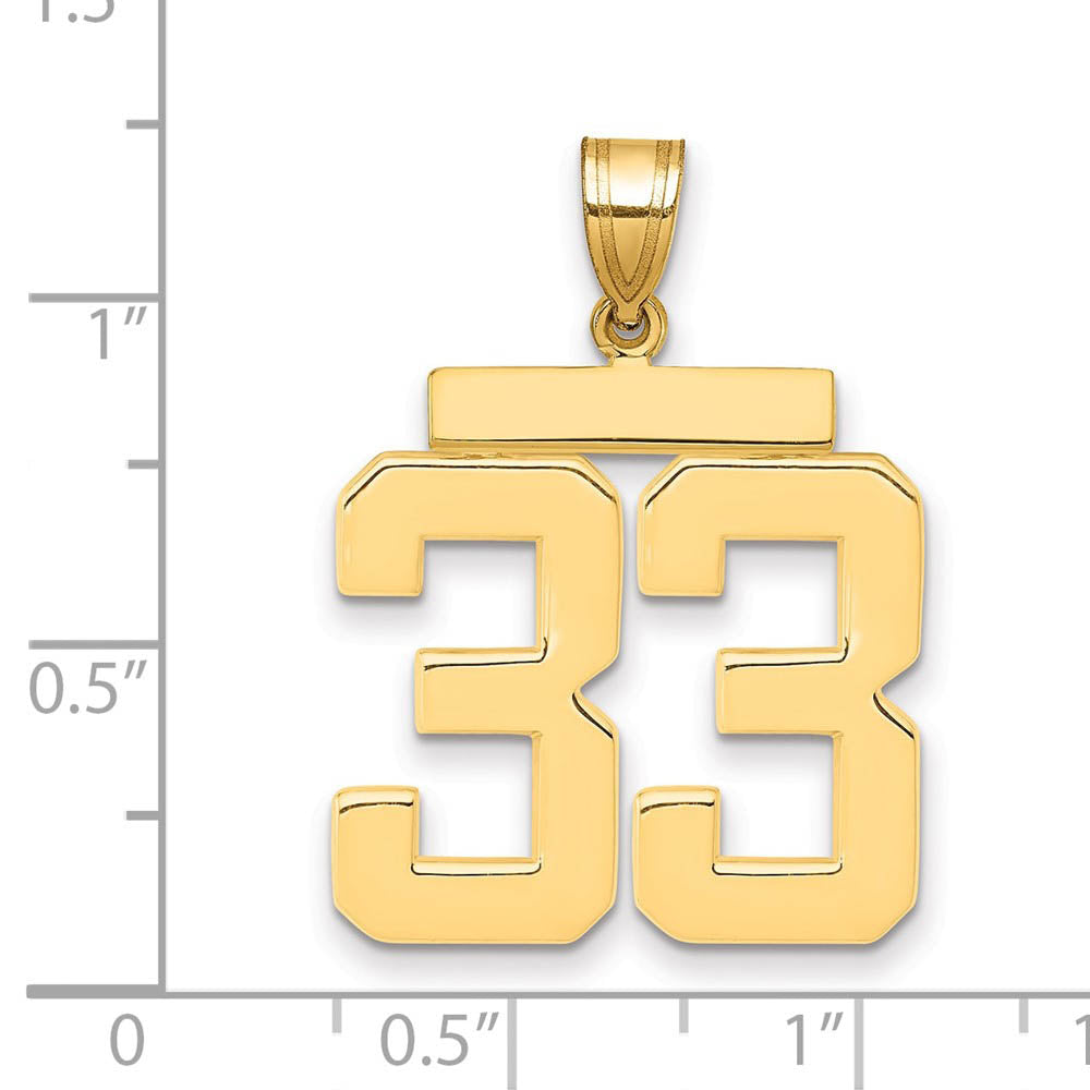 Alternate view of the 14k Yellow Gold, Athletic Collection, Large Polished Number 33 Pendant by The Black Bow Jewelry Co.