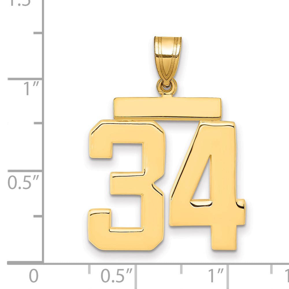 Alternate view of the 14k Yellow Gold, Athletic Collection, Large Polished Number 34 Pendant by The Black Bow Jewelry Co.