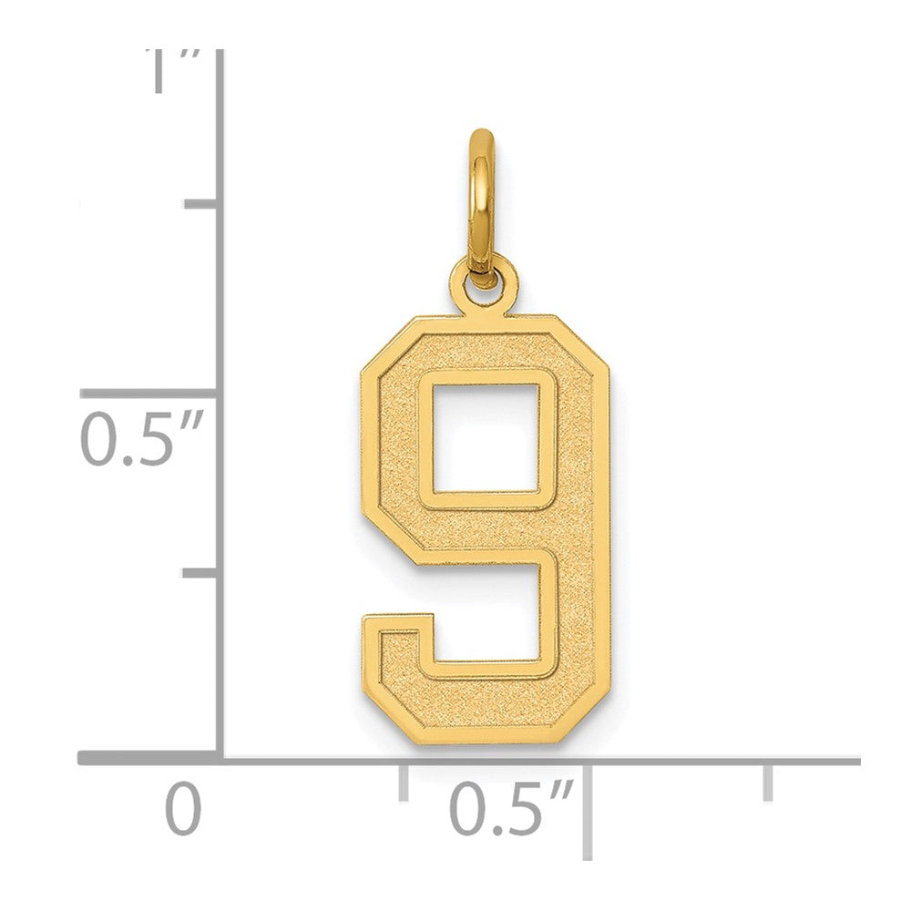 Alternate view of the 14k Yellow Gold, Jersey Collection, Medium Number 9 Pendant by The Black Bow Jewelry Co.