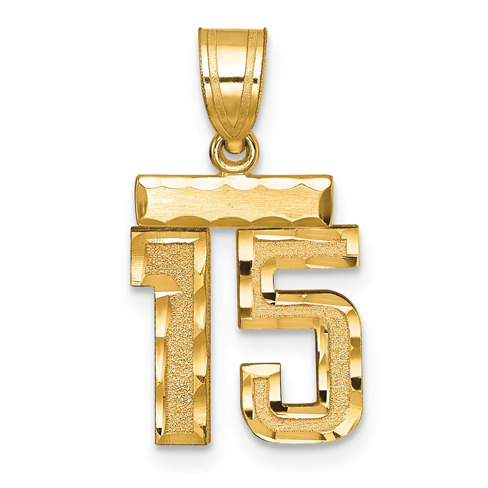 14k Yellow Gold, Varsity Collection, Small D/C Pendant Number 15, Item P10408-15 by The Black Bow Jewelry Co.