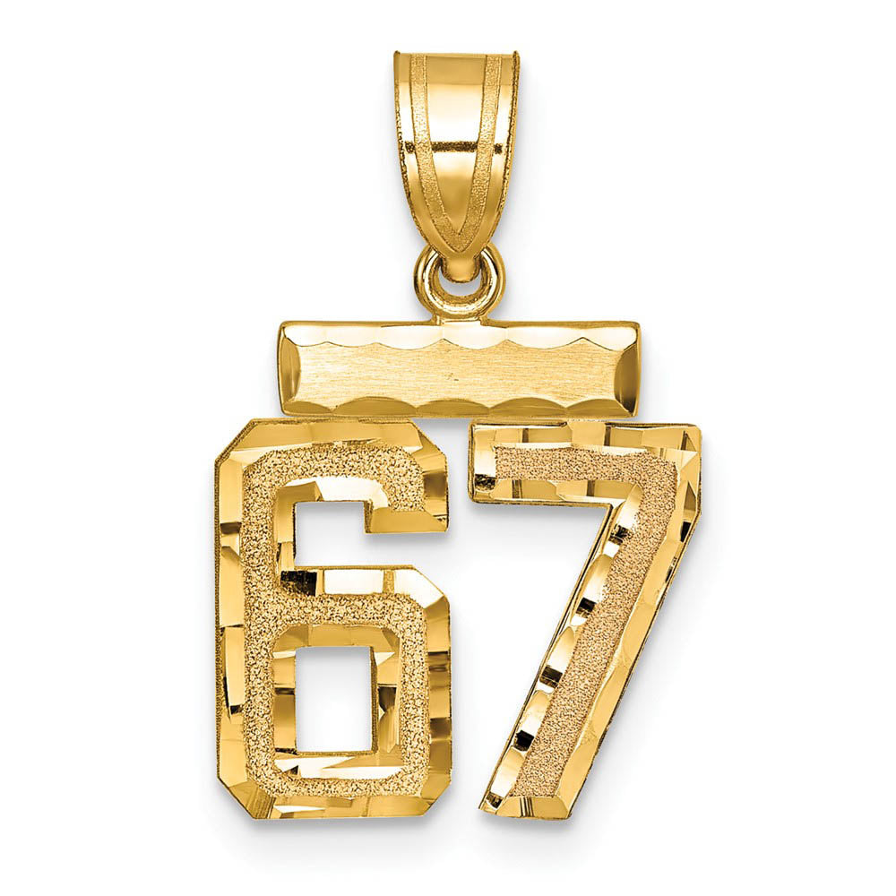 14k Yellow Gold, Varsity Collection, Small D/C Pendant Number 67, Item P10408-67 by The Black Bow Jewelry Co.