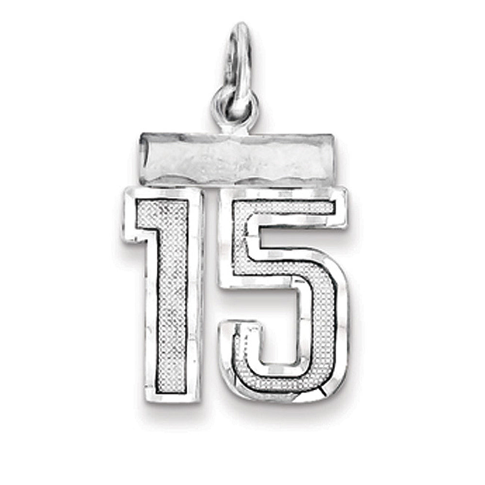 Sterling Silver, Varsity Collection, Small D/C Pendant, Number 15, Item P10410-15 by The Black Bow Jewelry Co.