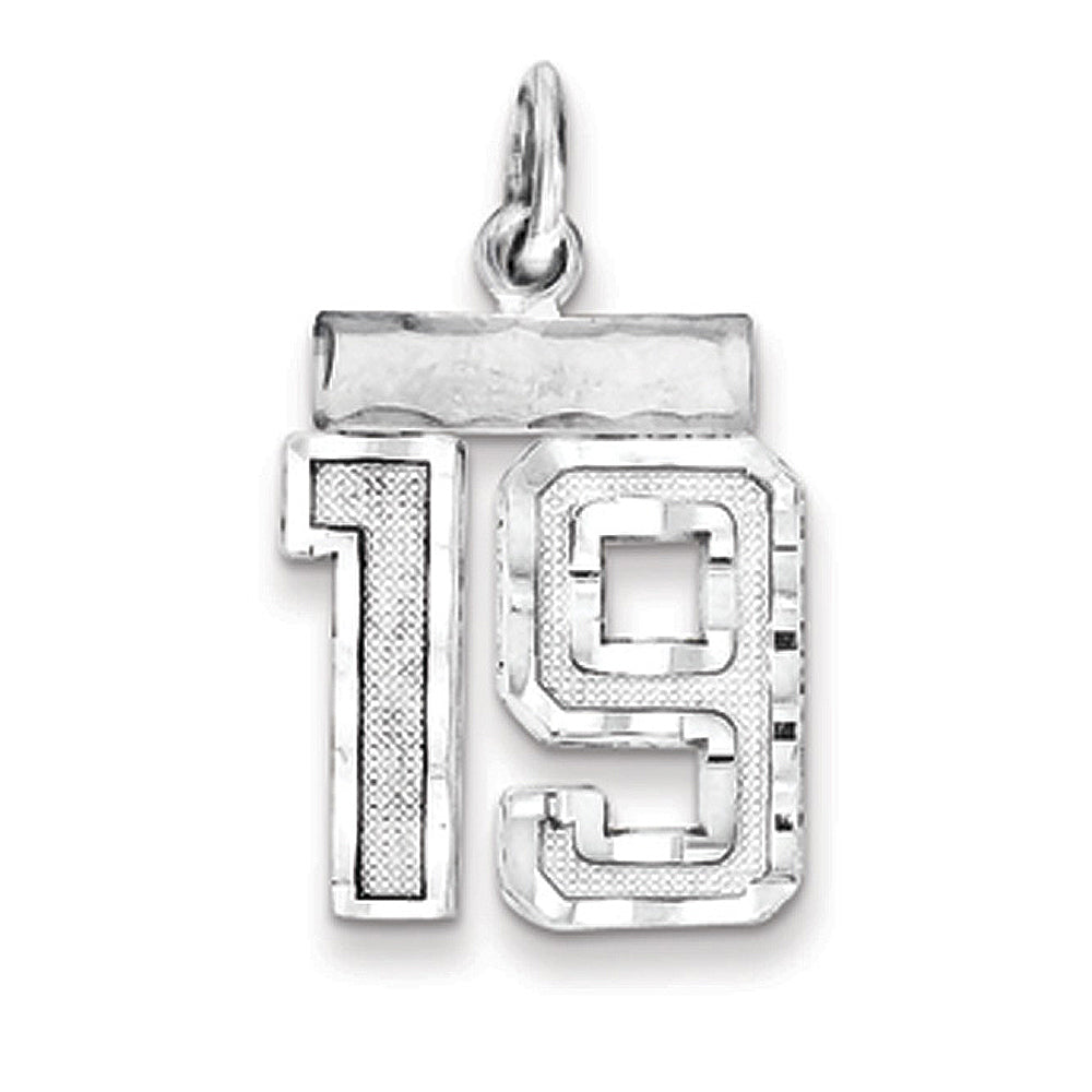 Sterling Silver, Varsity Collection, Small D/C Pendant, Number 19, Item P10410-19 by The Black Bow Jewelry Co.