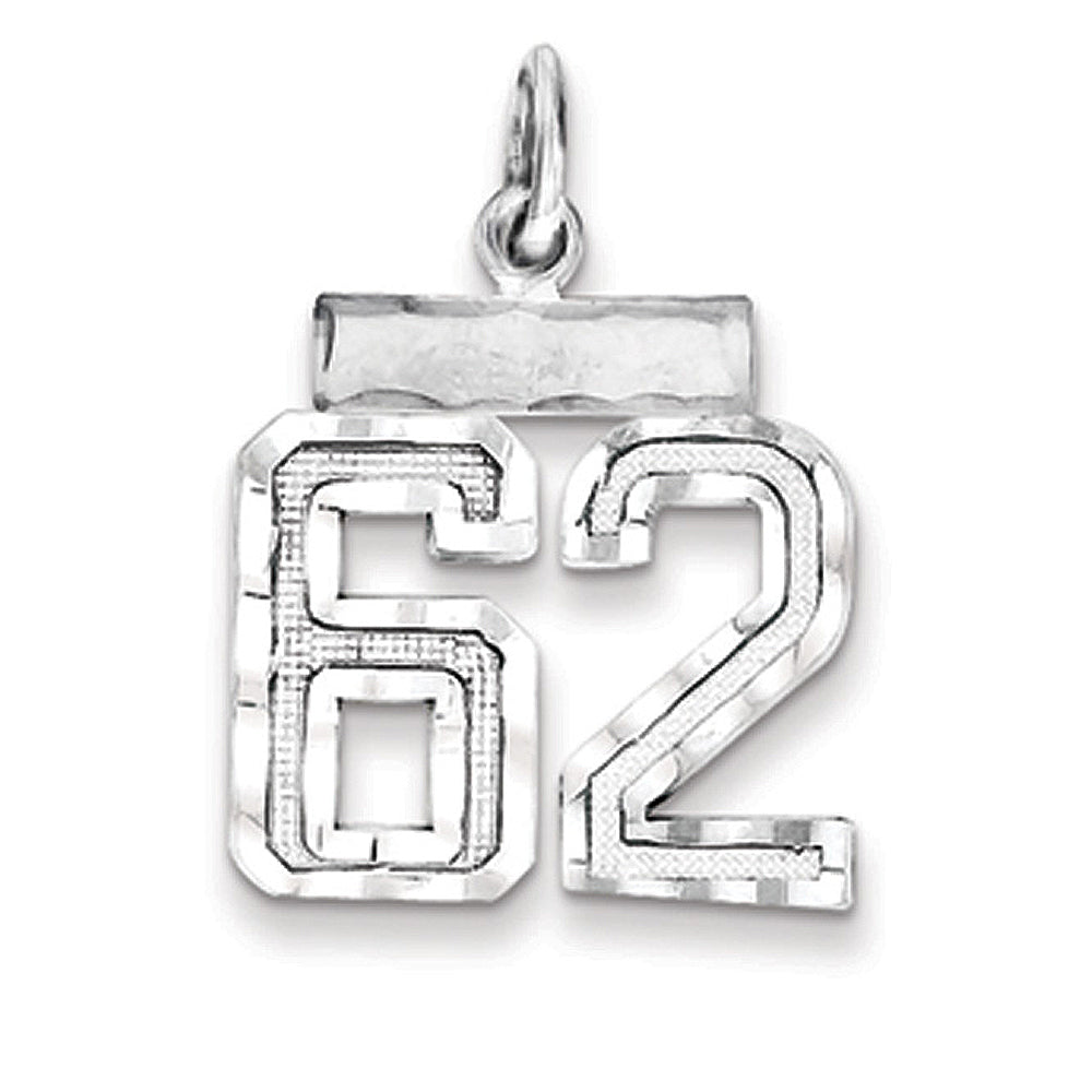 Sterling Silver, Varsity Collection, Small D/C Pendant, Number 62, Item P10410-62 by The Black Bow Jewelry Co.
