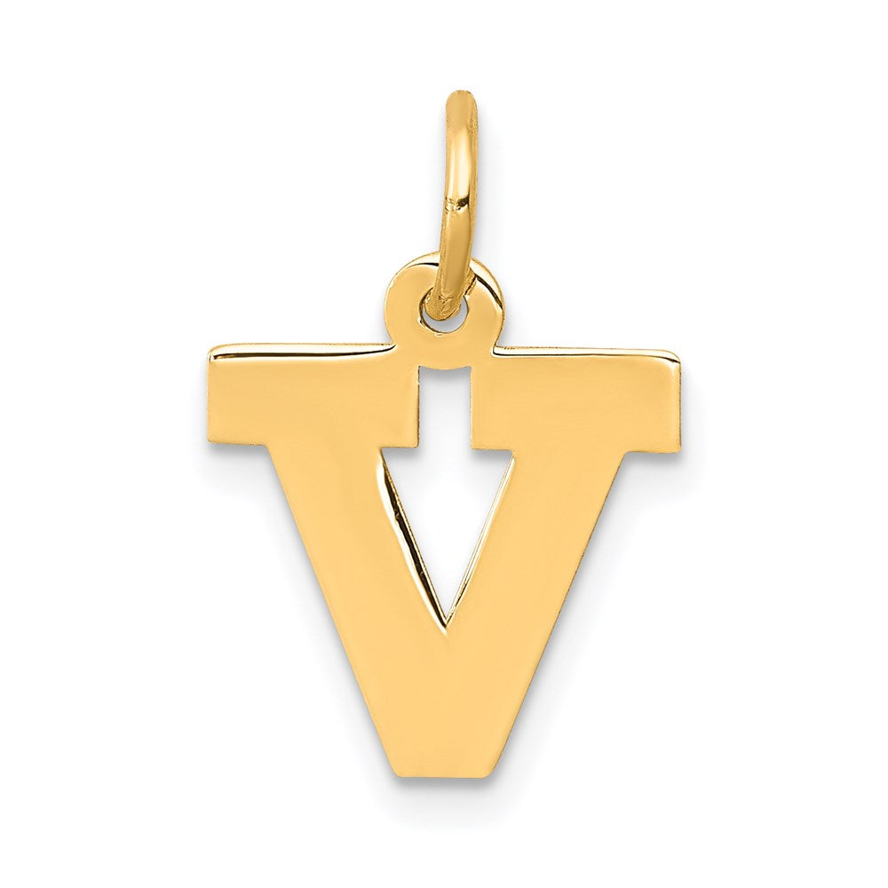 14k Yellow Gold, Amanda Collection, Small Block Initial V Pendant, Item P10415-V by The Black Bow Jewelry Co.