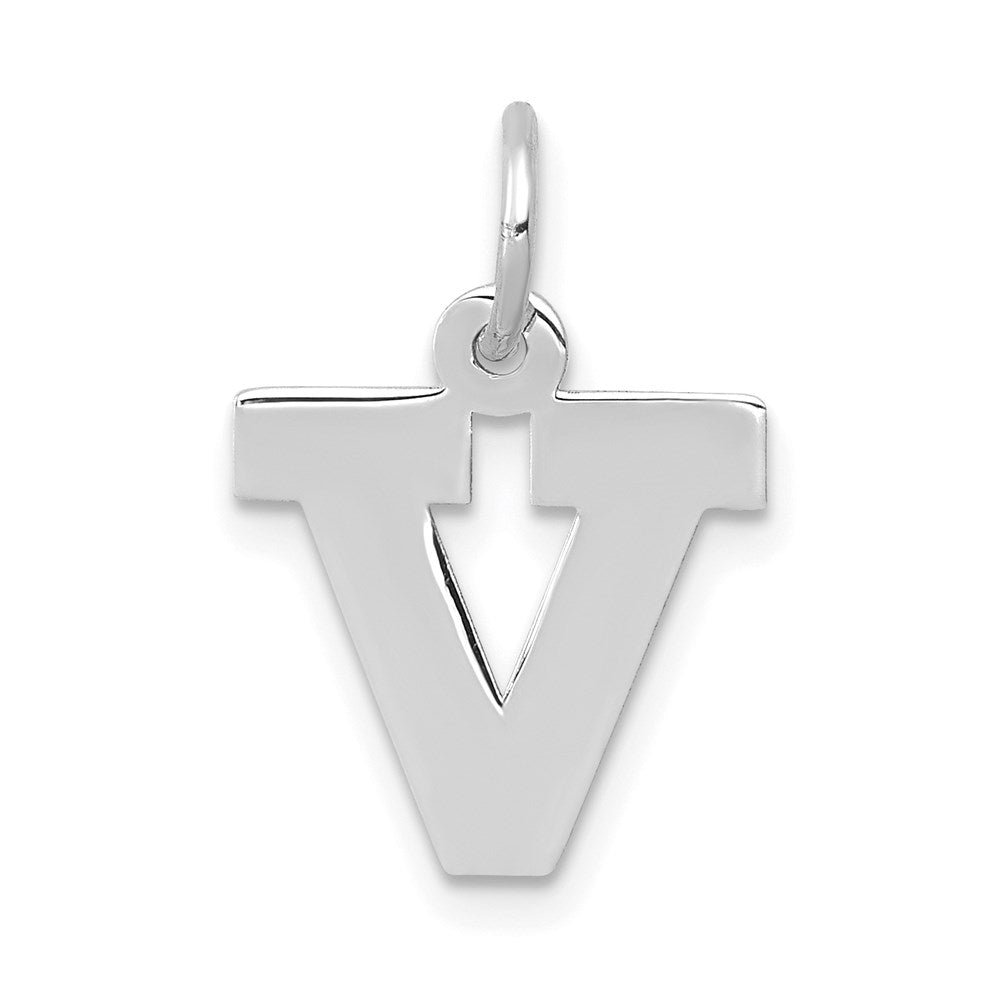 14k White Gold, Amanda Collection, Small Block Style Initial V Pendant, Item P10416-V by The Black Bow Jewelry Co.