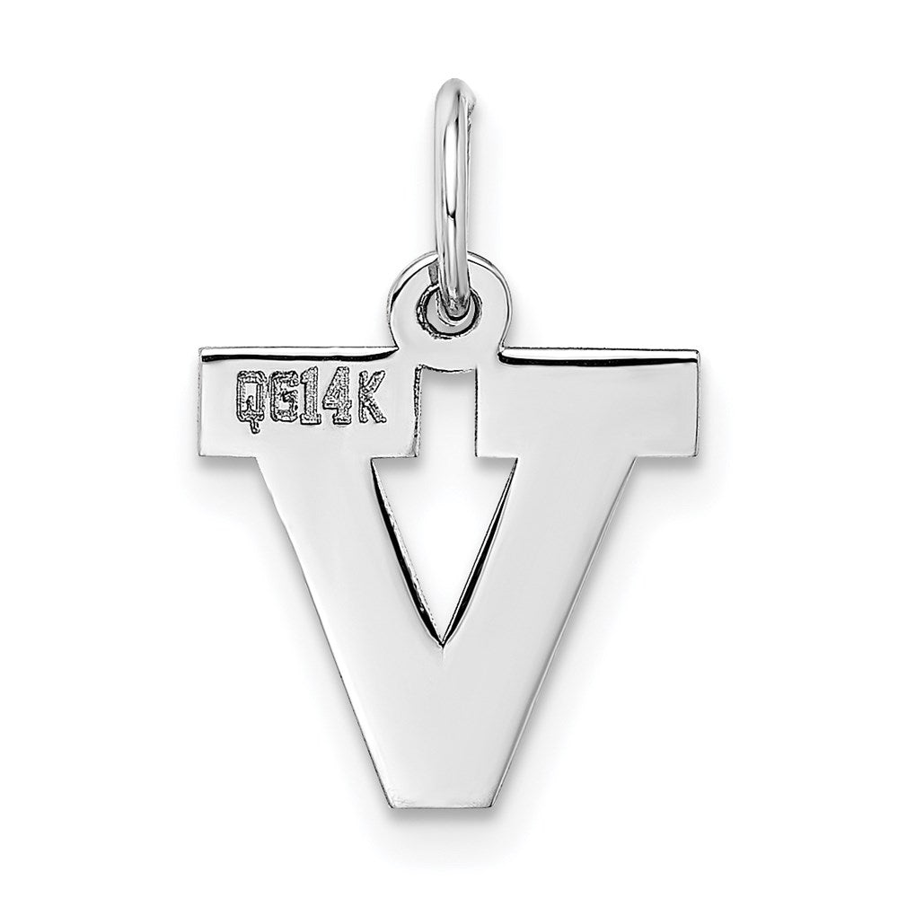 Alternate view of the 14k White Gold, Amanda Collection, Small Block Style Initial V Pendant by The Black Bow Jewelry Co.