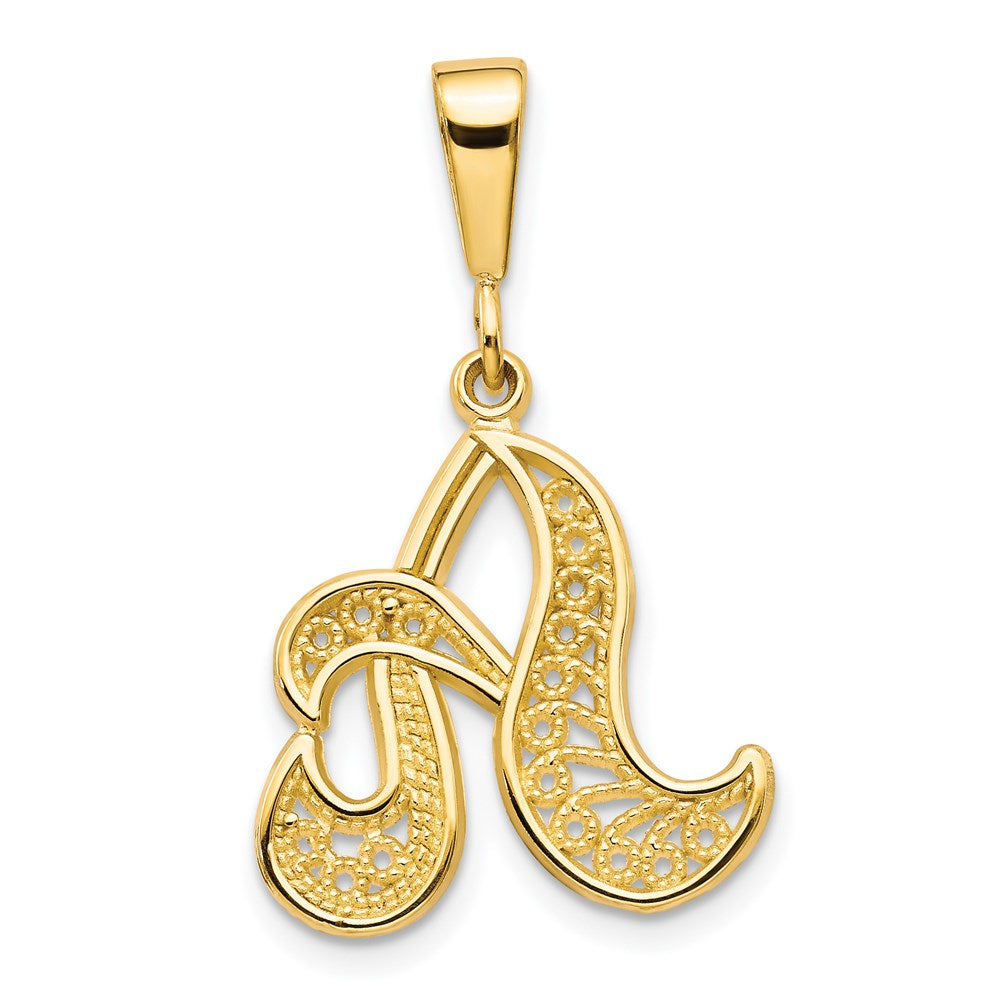 14k Yellow Gold, Maci Collection, LG Filigree Script Initial A Pendant, Item P10418-A by The Black Bow Jewelry Co.