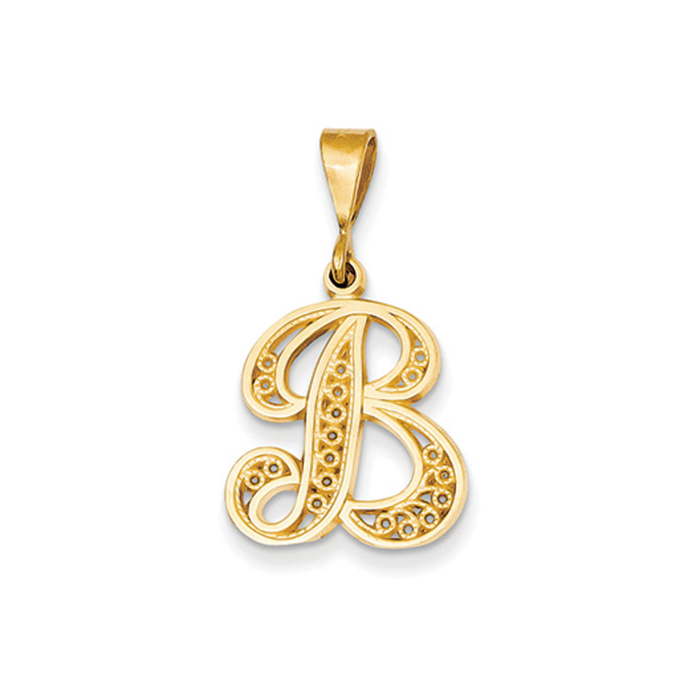 14k Yellow Gold, Maci Collection, LG Filigree Script Initial B Pendant, Item P10418-B by The Black Bow Jewelry Co.