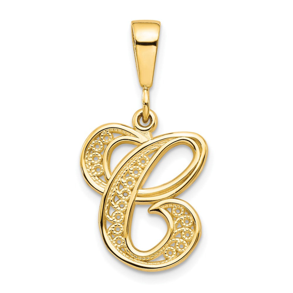 14k Yellow Gold, Maci Collection, LG Filigree Script Initial C Pendant, Item P10418-C by The Black Bow Jewelry Co.