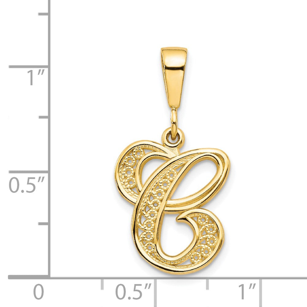 Alternate view of the 14k Yellow Gold, Maci Collection, LG Filigree Script Initial C Pendant by The Black Bow Jewelry Co.