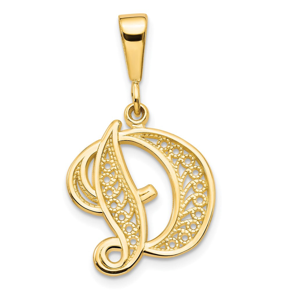 14k Yellow Gold, Maci Collection, LG Filigree Script Initial D Pendant, Item P10418-D by The Black Bow Jewelry Co.