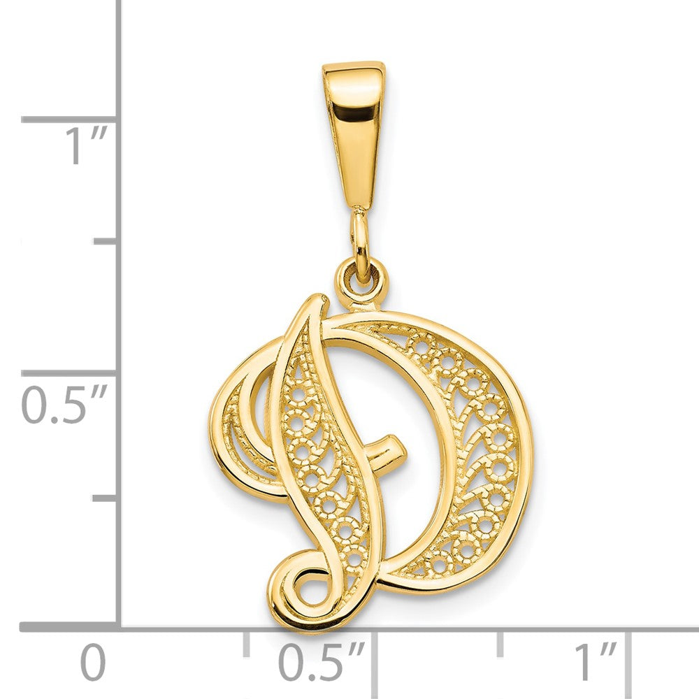 Alternate view of the 14k Yellow Gold, Maci Collection, LG Filigree Script Initial D Pendant by The Black Bow Jewelry Co.