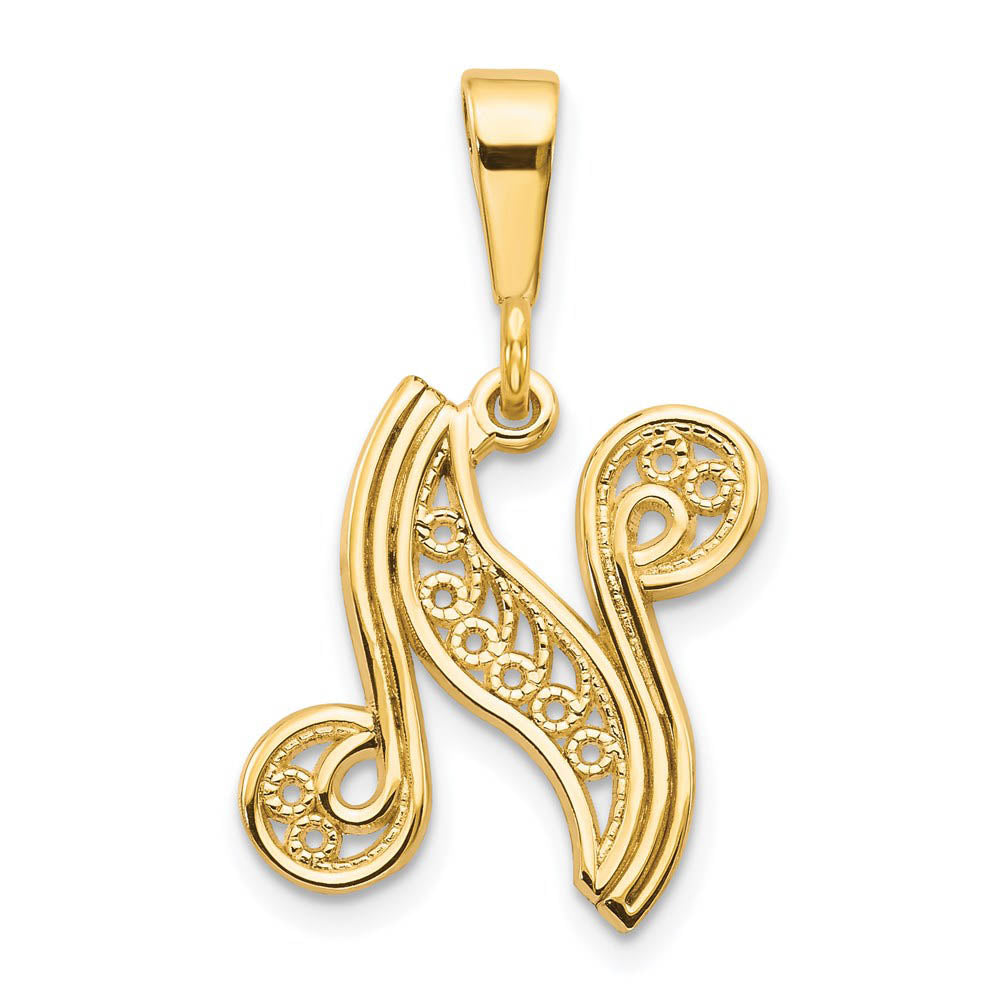 14k Yellow Gold, Maci Collection, LG Filigree Script Initial N Pendant, Item P10418-N by The Black Bow Jewelry Co.
