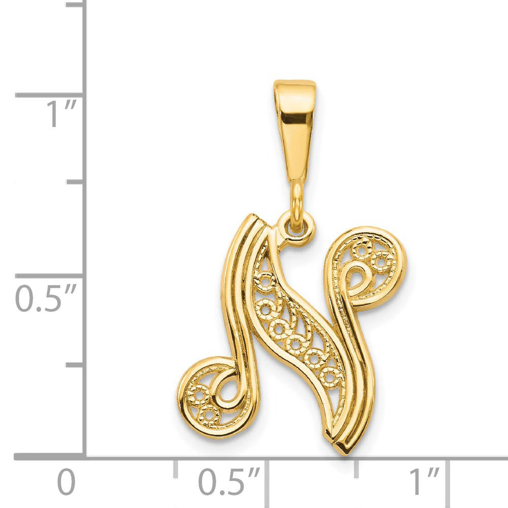 Alternate view of the 14k Yellow Gold, Maci Collection, LG Filigree Script Initial N Pendant by The Black Bow Jewelry Co.