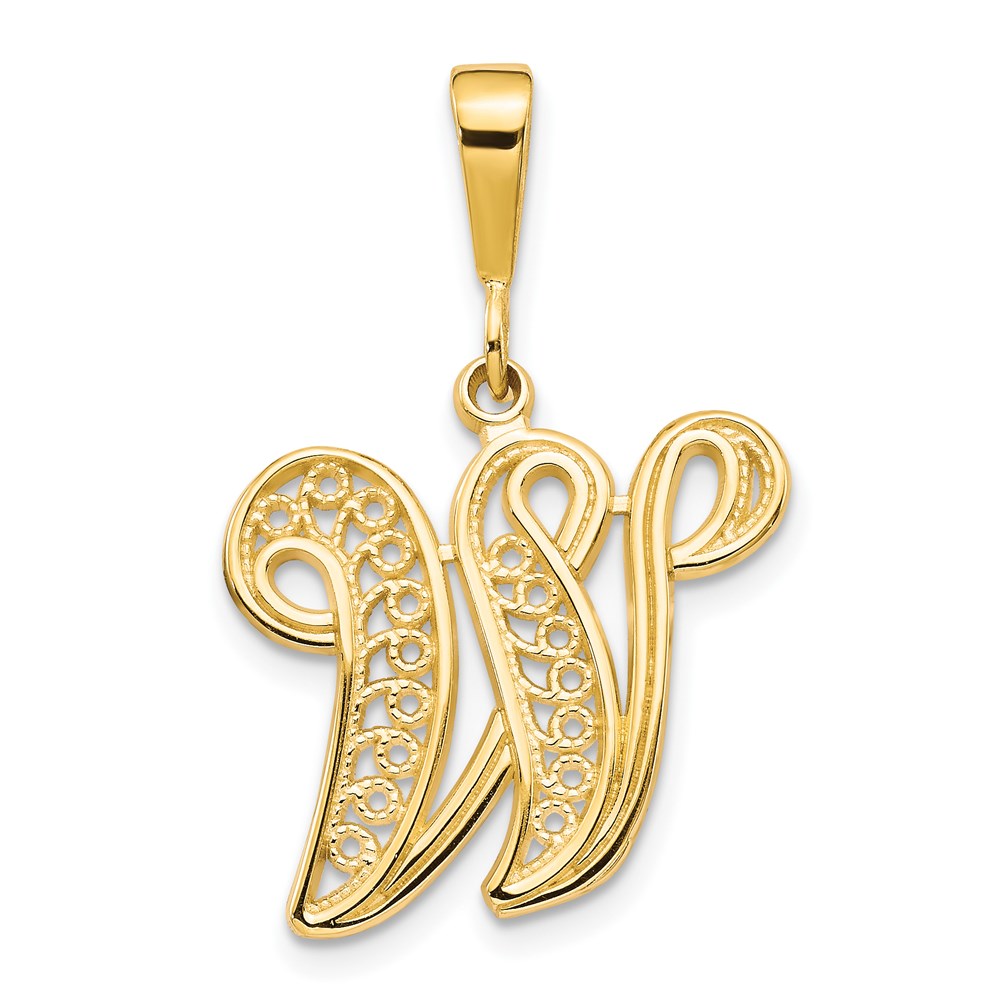 14k Yellow Gold, Maci Collection, LG Filigree Script Initial W Pendant, Item P10418-W by The Black Bow Jewelry Co.