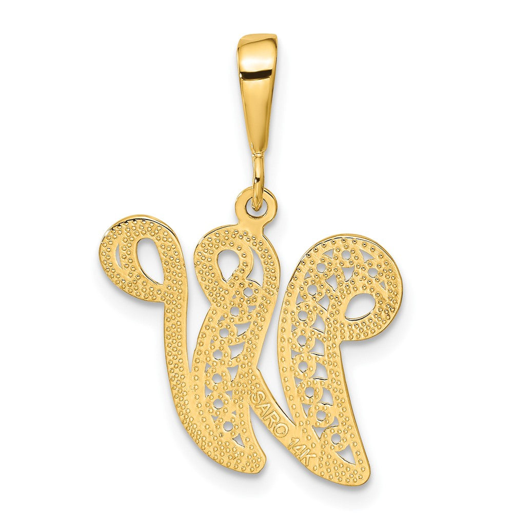 Alternate view of the 14k Yellow Gold, Maci Collection, LG Filigree Script Initial W Pendant by The Black Bow Jewelry Co.