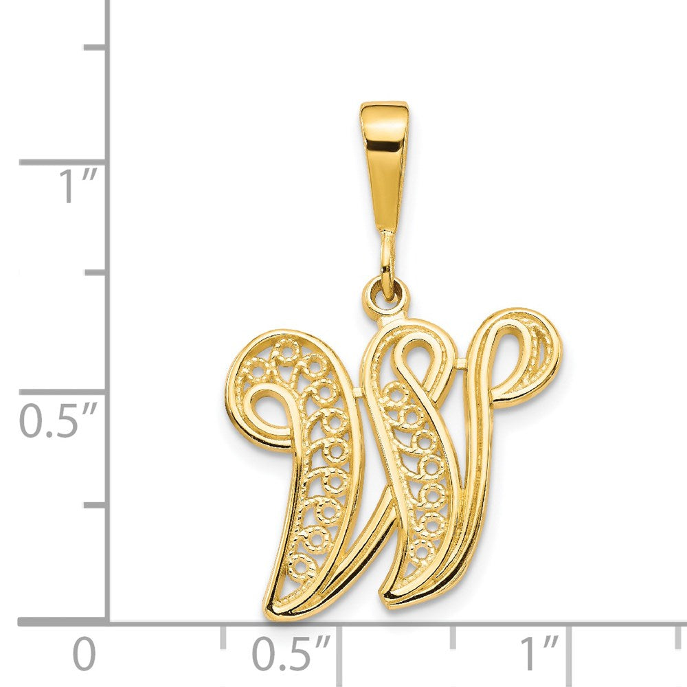 Alternate view of the 14k Yellow Gold, Maci Collection, LG Filigree Script Initial W Pendant by The Black Bow Jewelry Co.