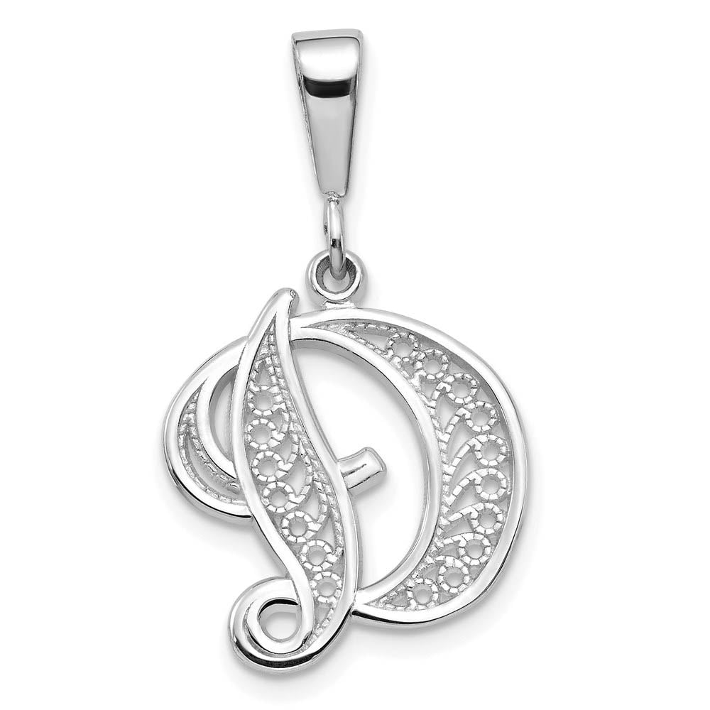 14k White Gold, Maci Collection, LG Filigree Script Initial D Pendant, Item P10419-D by The Black Bow Jewelry Co.