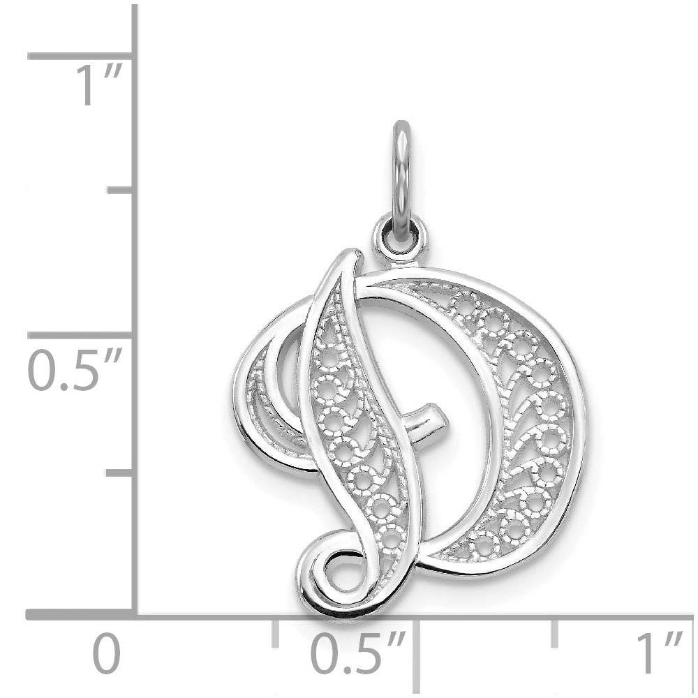 Alternate view of the 14k White Gold, Maci Collection, LG Filigree Script Initial D Pendant by The Black Bow Jewelry Co.