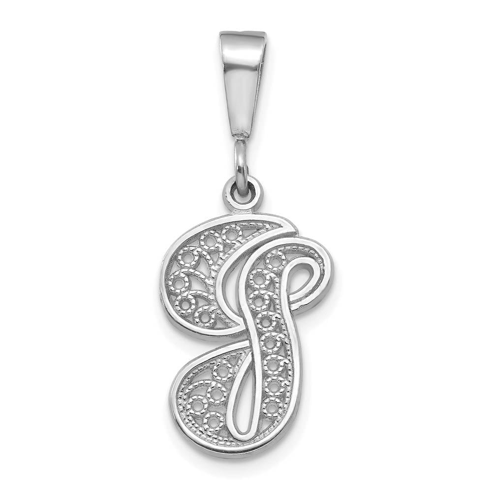 14k White Gold, Maci Collection, Filigree Script Initial G Pendant, Item P10419-G by The Black Bow Jewelry Co.