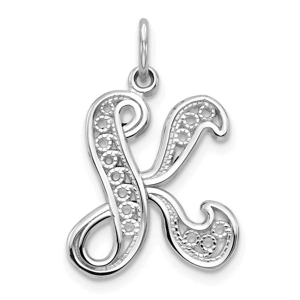 14k White Gold, Maci Collection, Filigree Script Initial K Pendant, Item P10419-K by The Black Bow Jewelry Co.