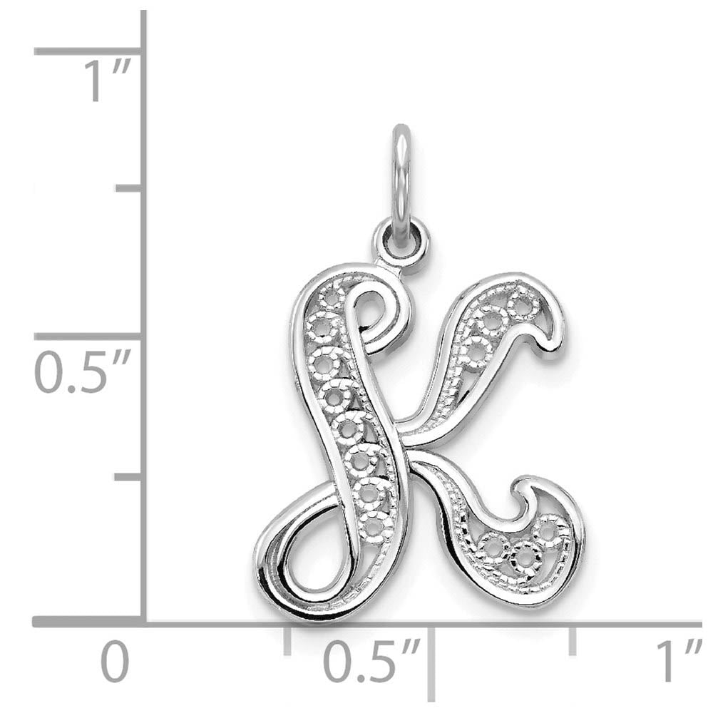 Alternate view of the 14k White Gold, Maci Collection, Filigree Script Initial K Pendant by The Black Bow Jewelry Co.