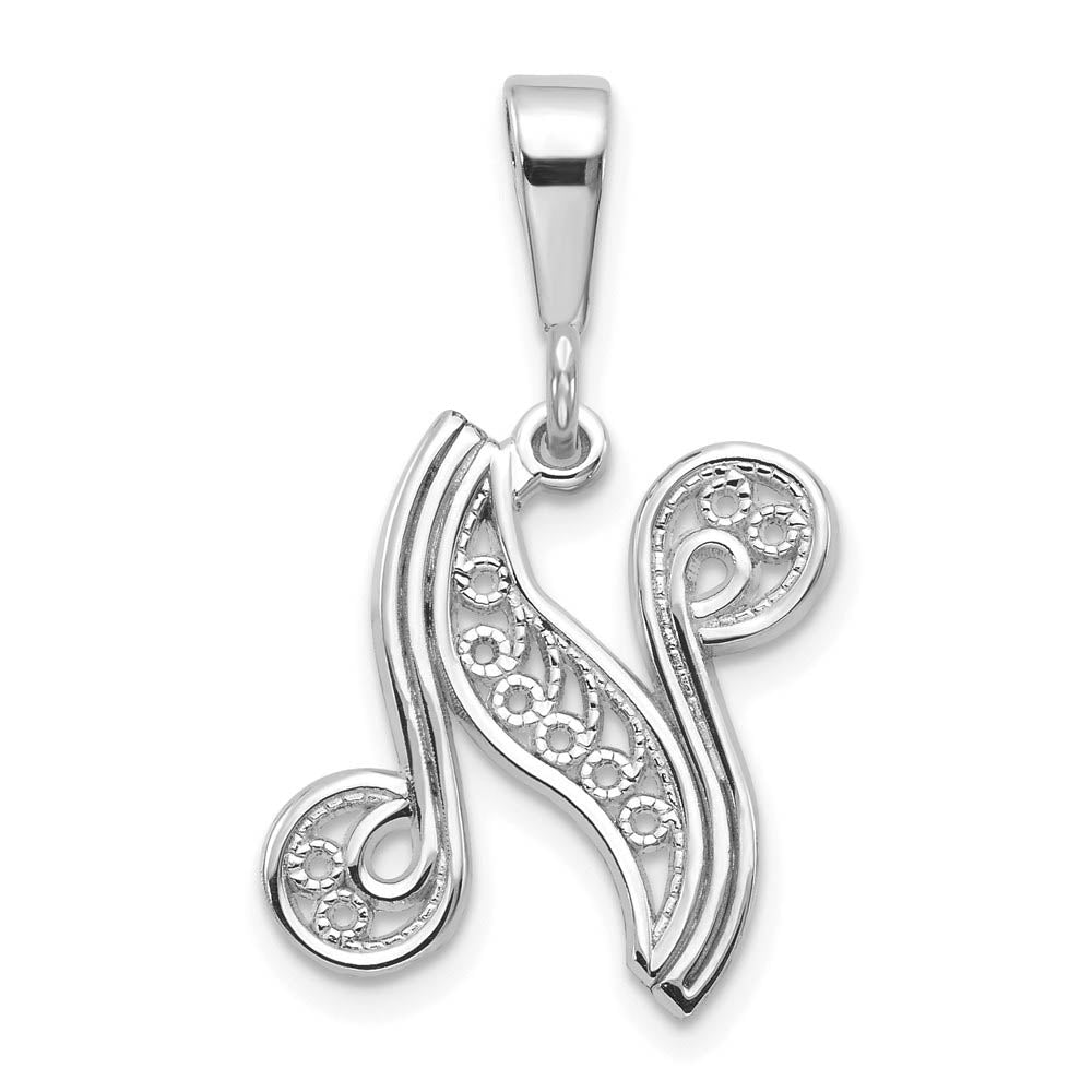 14k White Gold, Maci Collection, Filigree Script Initial N Pendant, Item P10419-N by The Black Bow Jewelry Co.