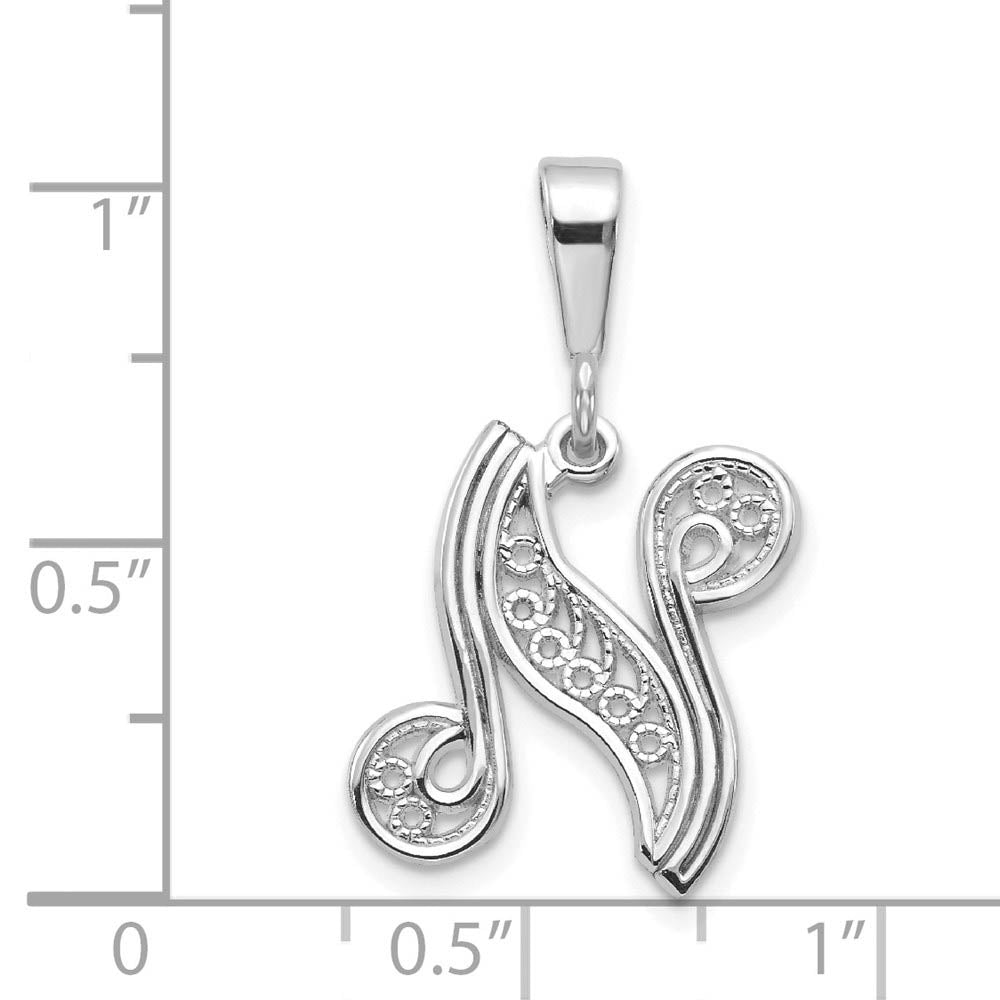 Alternate view of the 14k White Gold, Maci Collection, Filigree Script Initial N Pendant by The Black Bow Jewelry Co.