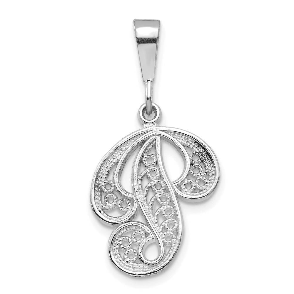 14k White Gold, Maci Collection, Filigree Script Initial P Pendant, Item P10419-P by The Black Bow Jewelry Co.