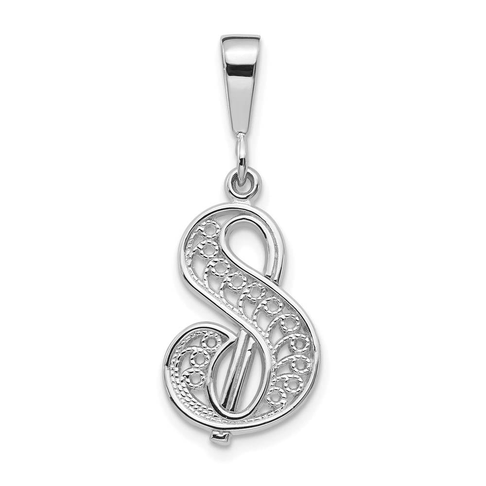 14k White Gold, Maci Collection, Filigree Script Initial S Pendant, Item P10419-S by The Black Bow Jewelry Co.