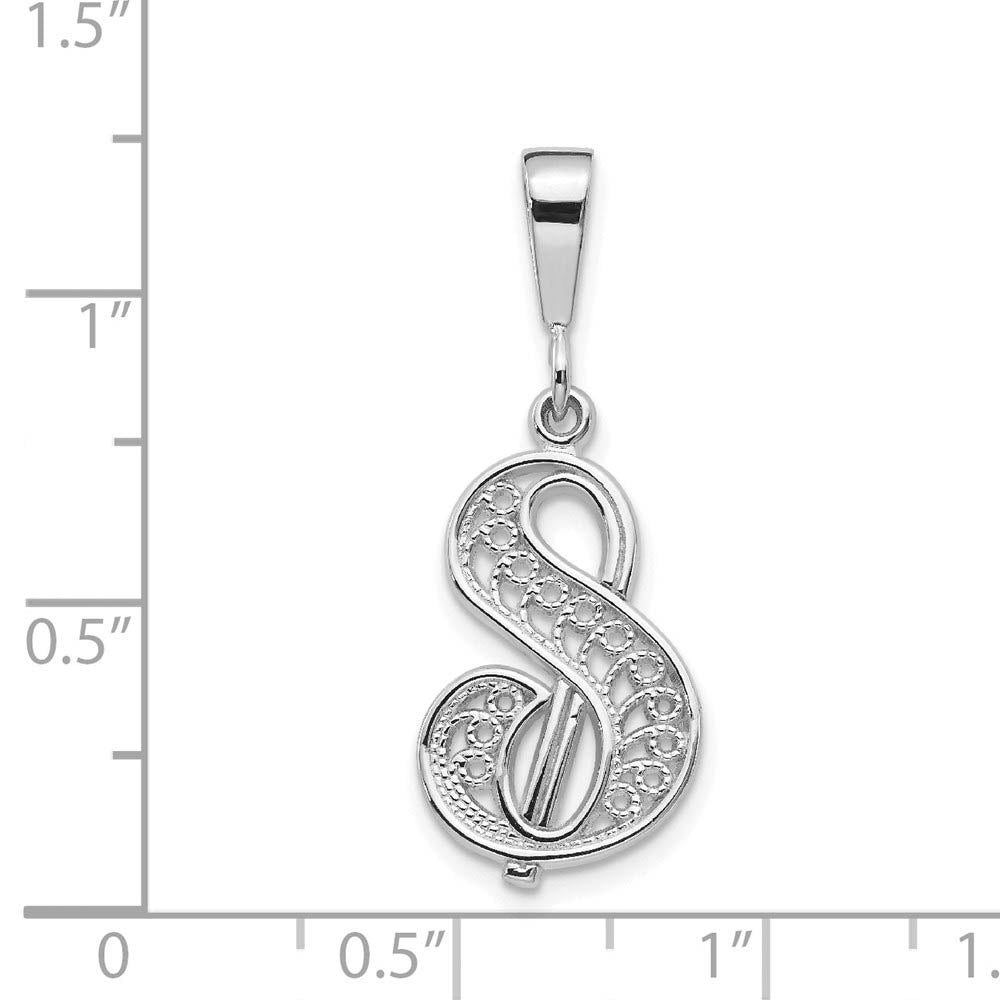 Alternate view of the 14k White Gold, Maci Collection, Filigree Script Initial S Pendant by The Black Bow Jewelry Co.