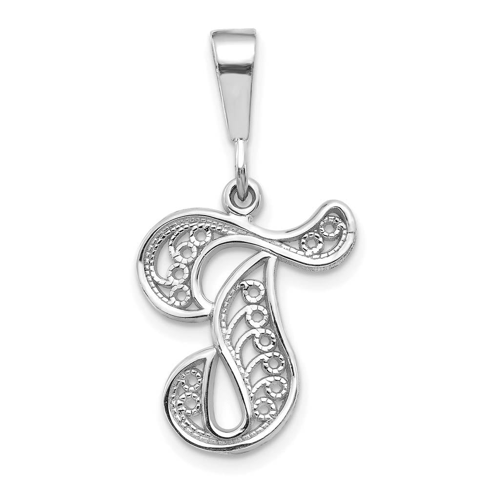 14k White Gold, Maci Collection, Filigree Script Initial T Pendant, Item P10419-T by The Black Bow Jewelry Co.