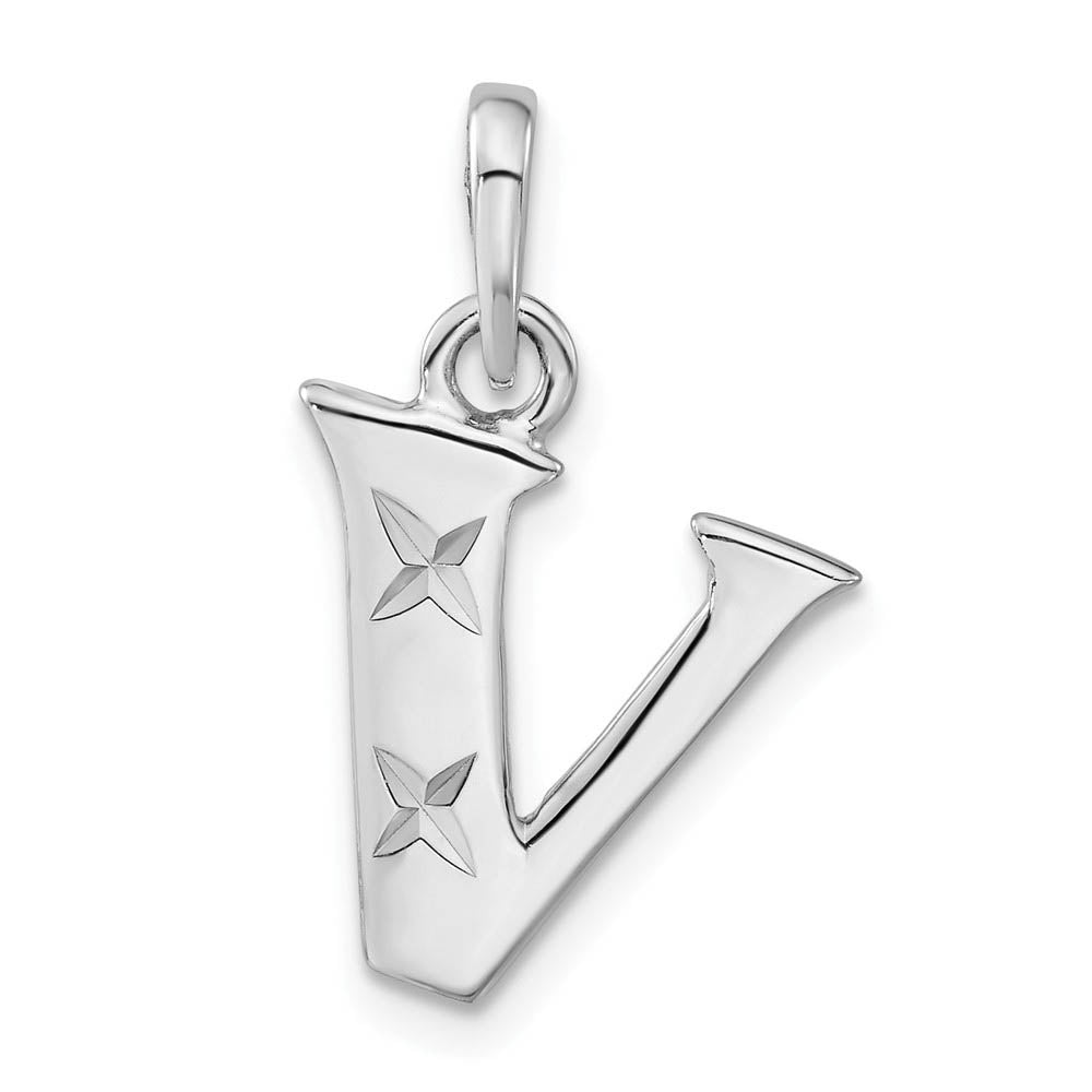Sterling Silver, Sabrina Collection, D/C Block Initial  V Pendant, Item P10420-V by The Black Bow Jewelry Co.