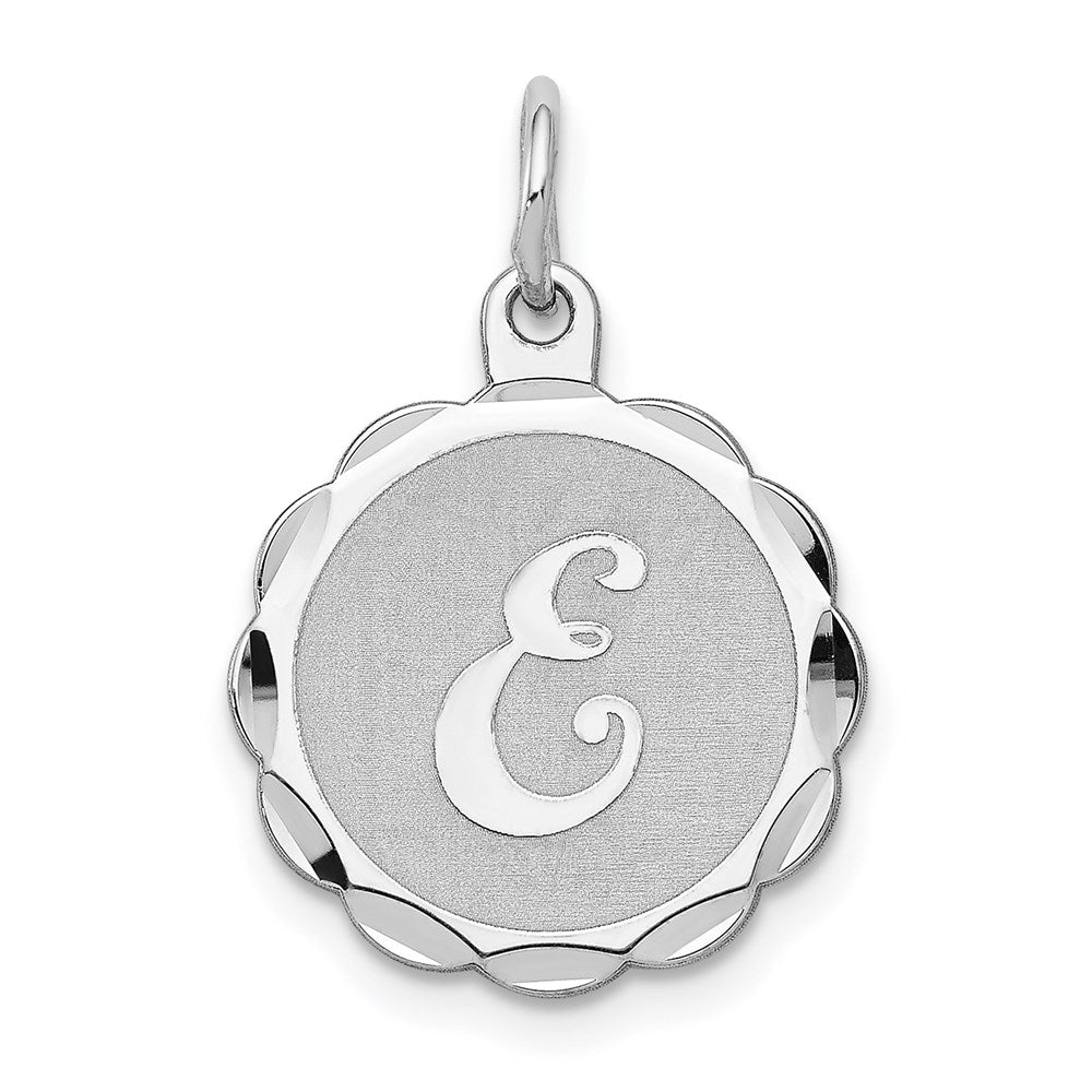 Sterling Silver, Sarah Collection 15mm Brocaded Disc Initial E Pendant, Item P10421-E by The Black Bow Jewelry Co.