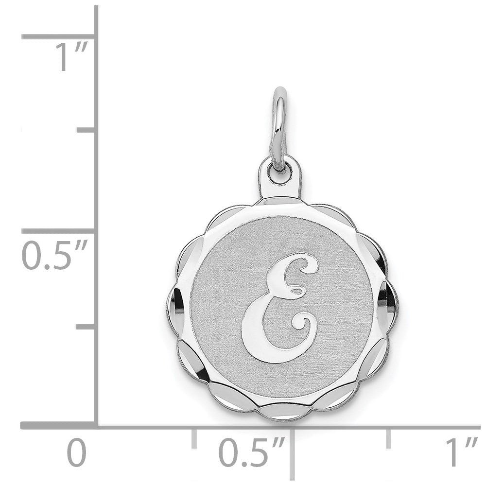 Alternate view of the Sterling Silver, Sarah Collection 15mm Brocaded Disc Initial E Pendant by The Black Bow Jewelry Co.