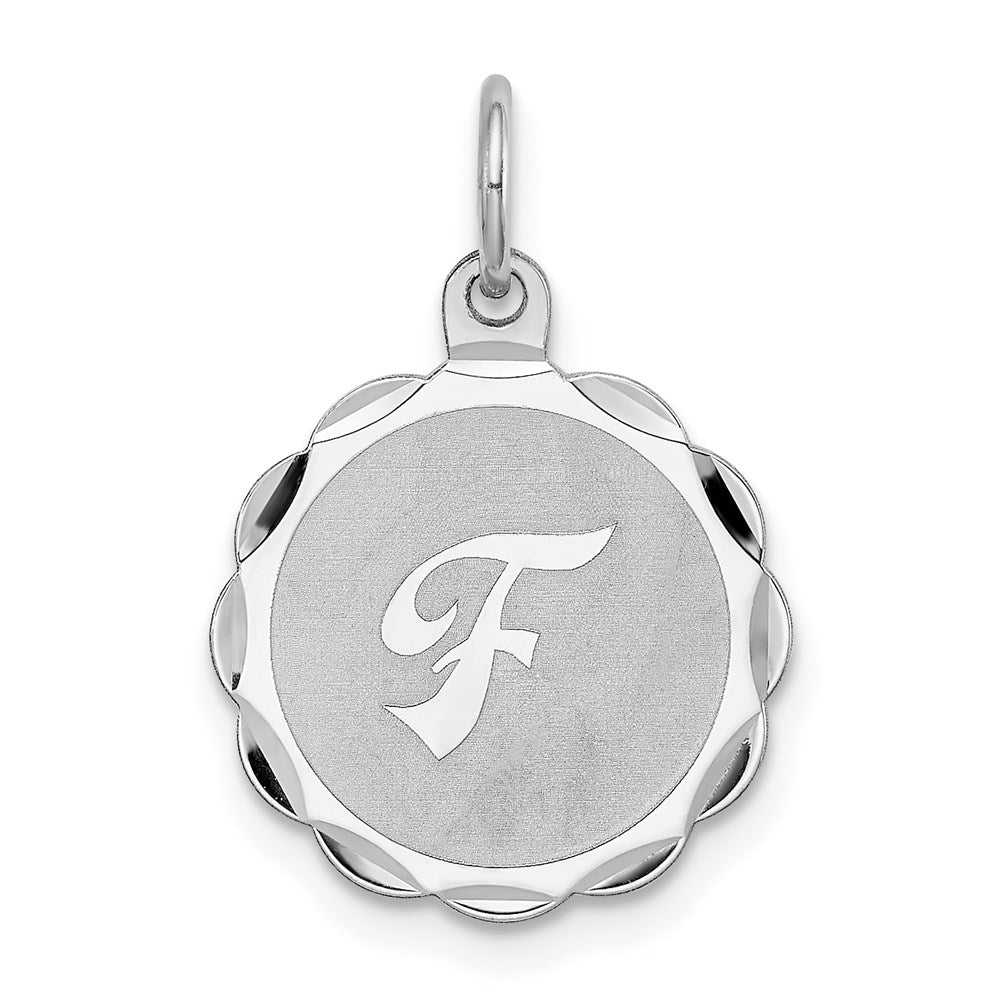 Sterling Silver, Sarah Collection 15mm Brocaded Disc Initial F Pendant, Item P10421-F by The Black Bow Jewelry Co.