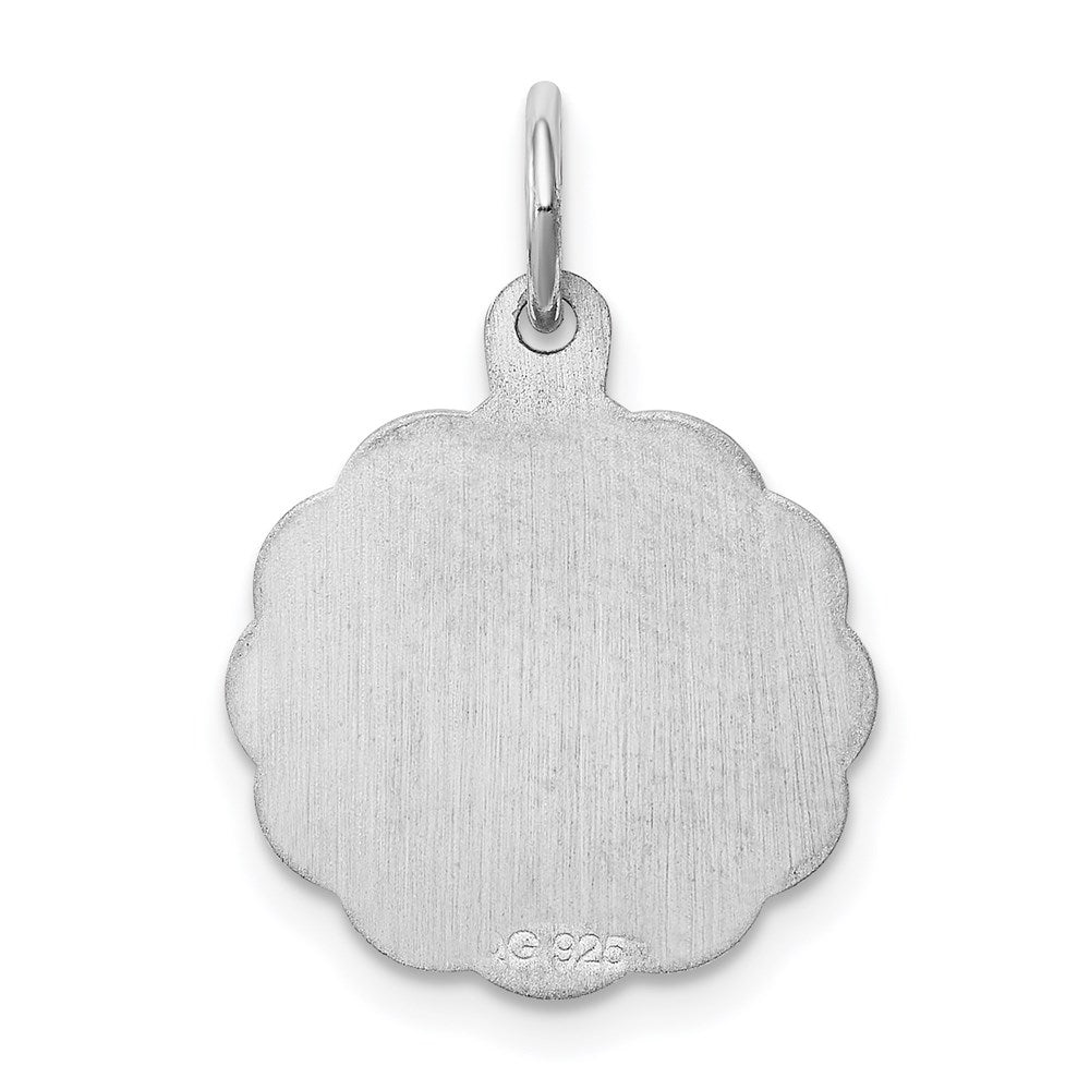 Alternate view of the Sterling Silver, Sarah Collection 15mm Brocaded Disc Initial F Pendant by The Black Bow Jewelry Co.