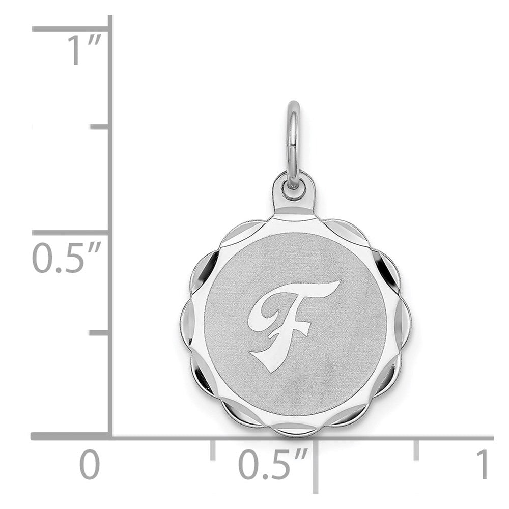 Alternate view of the Sterling Silver, Sarah Collection 15mm Brocaded Disc Initial F Pendant by The Black Bow Jewelry Co.