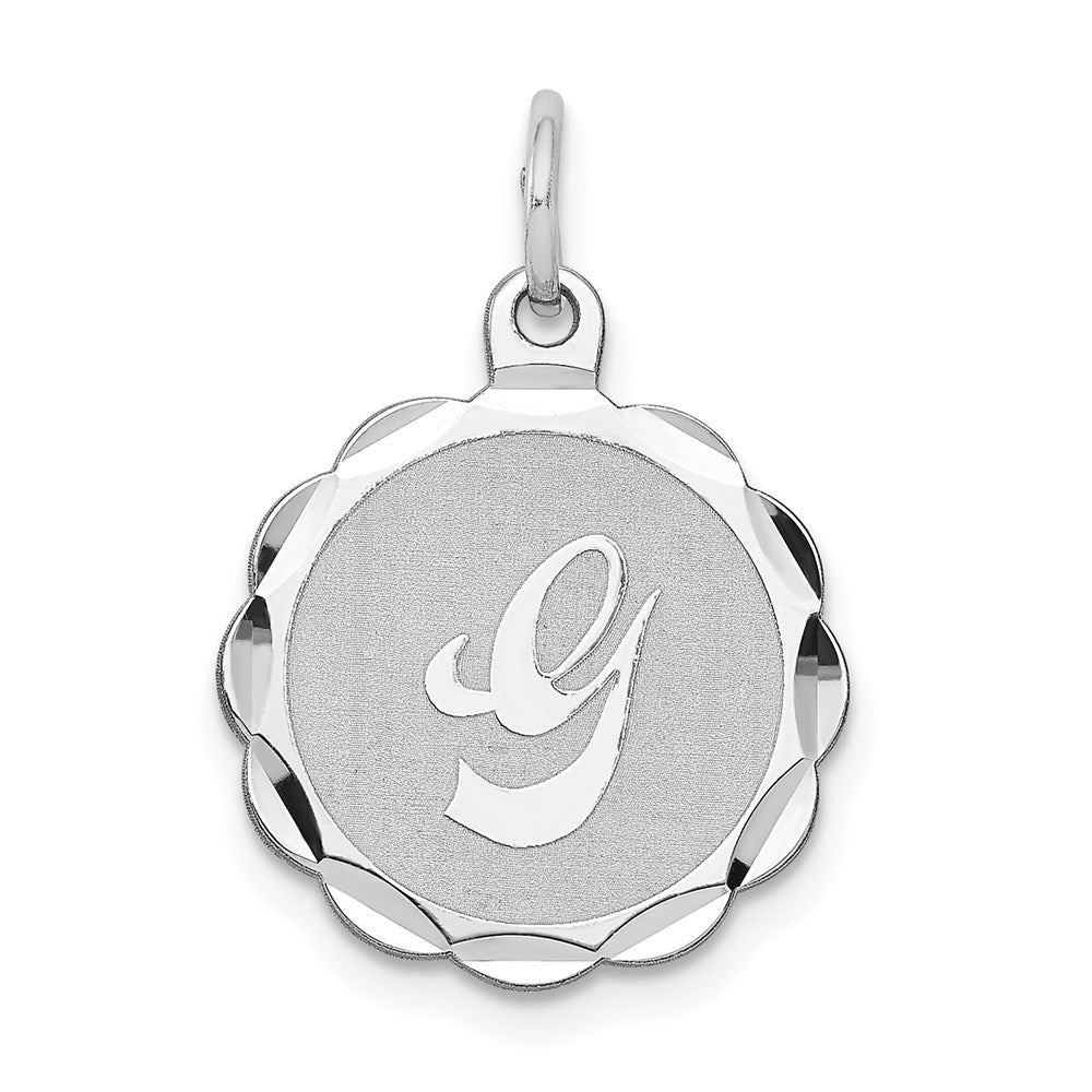Sterling Silver, Sarah Collection 15mm Brocaded Disc Initial G Pendant, Item P10421-G by The Black Bow Jewelry Co.