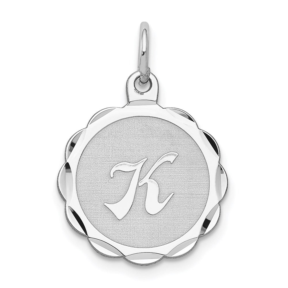 Sterling Silver, Sarah Collection 15mm Brocaded Disc Initial K Pendant, Item P10421-K by The Black Bow Jewelry Co.