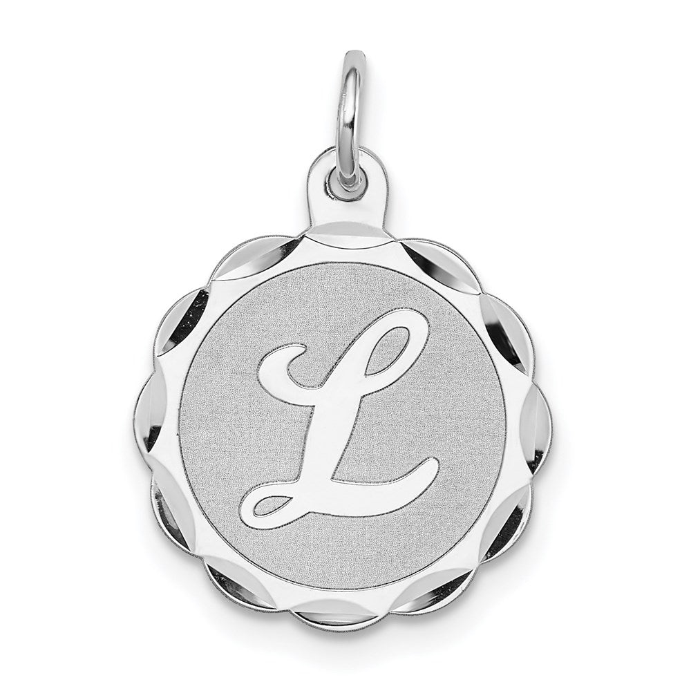Sterling Silver, Sarah Collection 15mm Brocaded Disc Initial L Pendant, Item P10421-L by The Black Bow Jewelry Co.