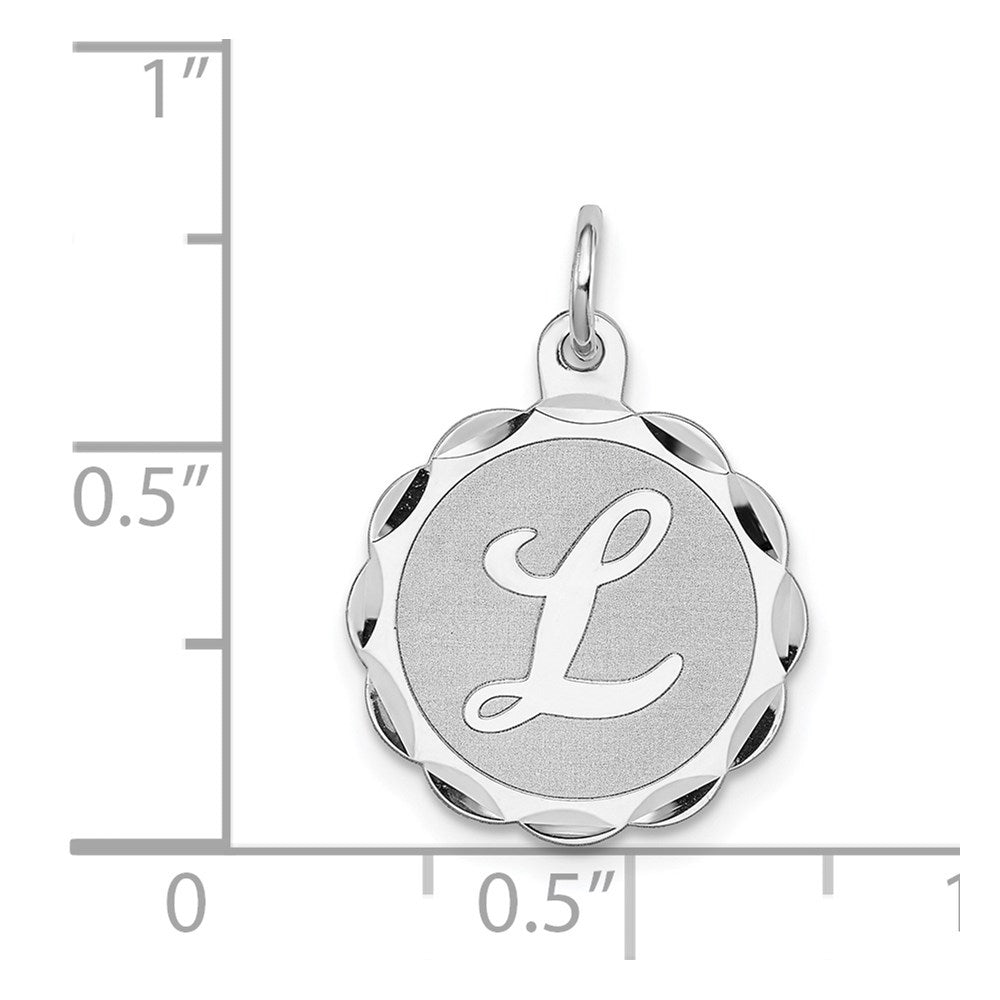 Alternate view of the Sterling Silver, Sarah Collection 15mm Brocaded Disc Initial L Pendant by The Black Bow Jewelry Co.