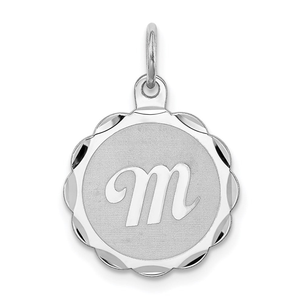 Sterling Silver, Sarah Collection 15mm Brocaded Disc Initial M Pendant, Item P10421-M by The Black Bow Jewelry Co.