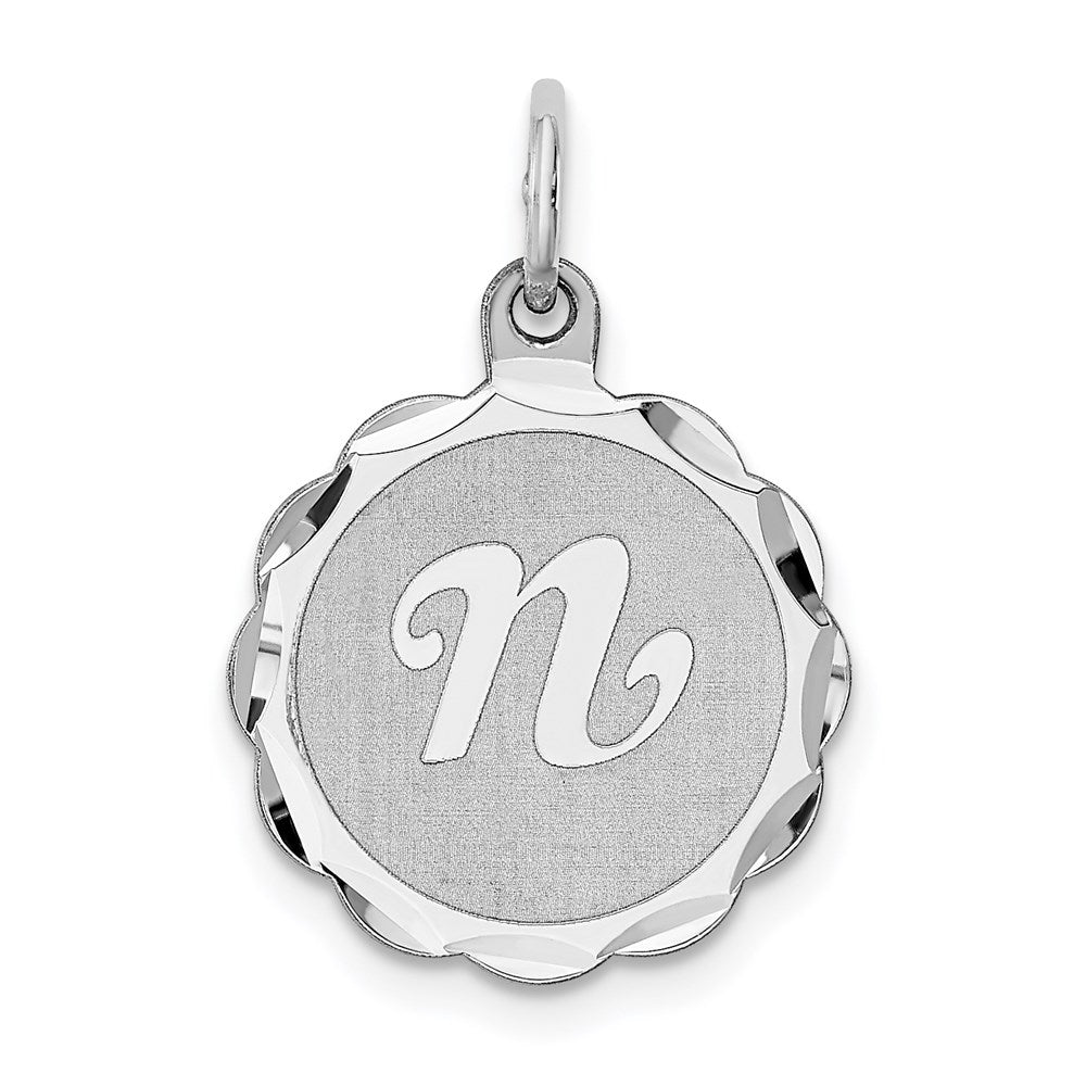 Sterling Silver, Sarah Collection 15mm Brocaded Disc Initial N Pendant, Item P10421-N by The Black Bow Jewelry Co.