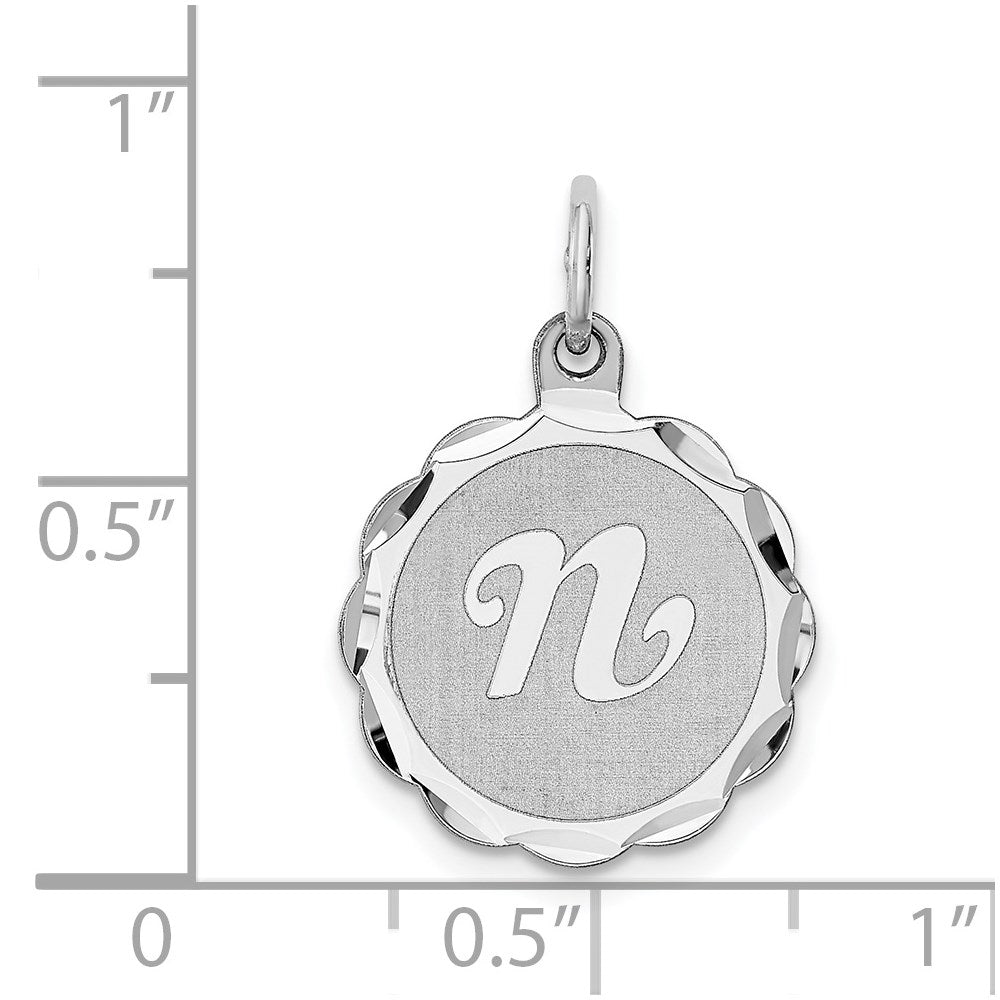Alternate view of the Sterling Silver, Sarah Collection 15mm Brocaded Disc Initial N Pendant by The Black Bow Jewelry Co.