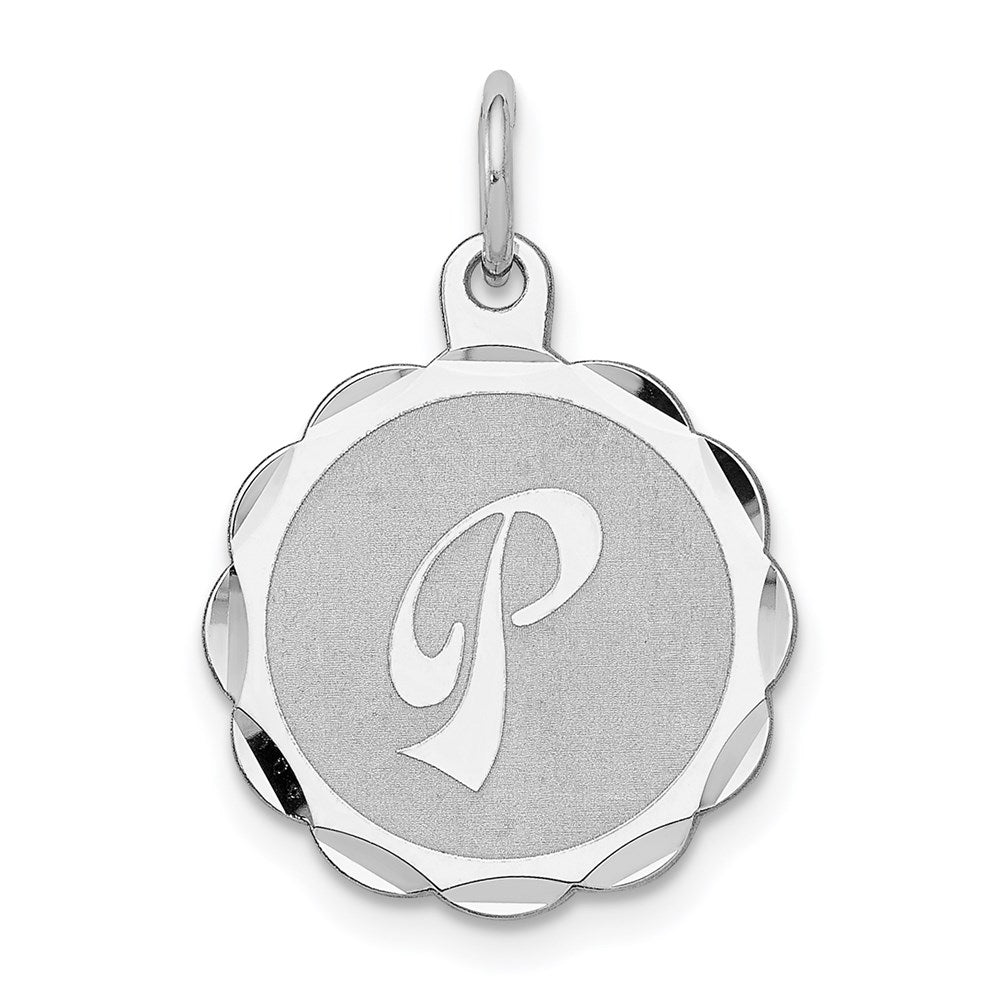 Sterling Silver, Sarah Collection 15mm Brocaded Disc Initial P Pendant, Item P10421-P by The Black Bow Jewelry Co.